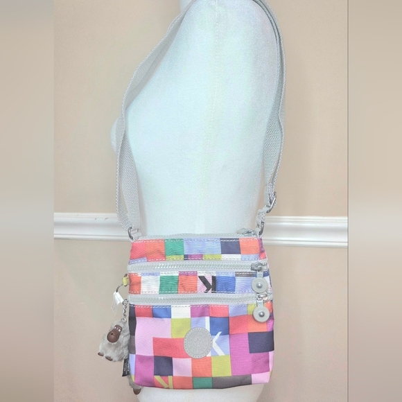 Kipling Handbags - Kipling Rainbow Color Checkerboard 3 Zipper Pouch Nylon Crossbody Shoulder Bag .